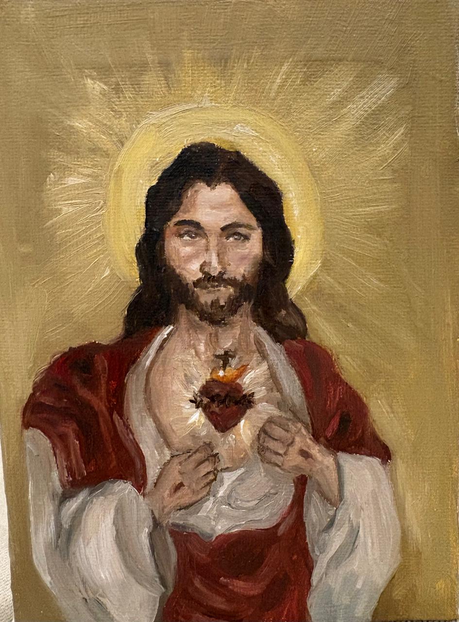 Óleo del Sagrado Corazón de Jesús con aureola dorada